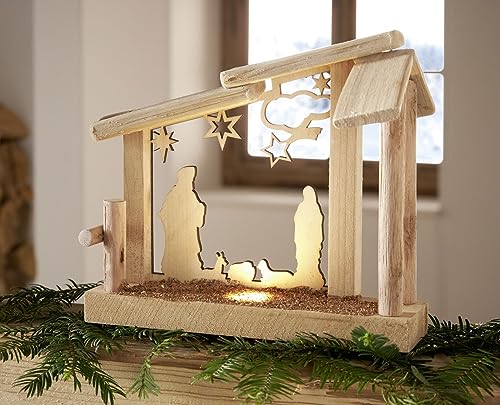 Dekoleidenschaft Weihnachtskrippe Heilige Familie mit LED Beleuchtung aus Holz, Krippenstall aus Eiche, Figuren aus Sperrholz, Weihnachtdeko, beleuchtete Holzkrippe, von Dekoleidenschaft