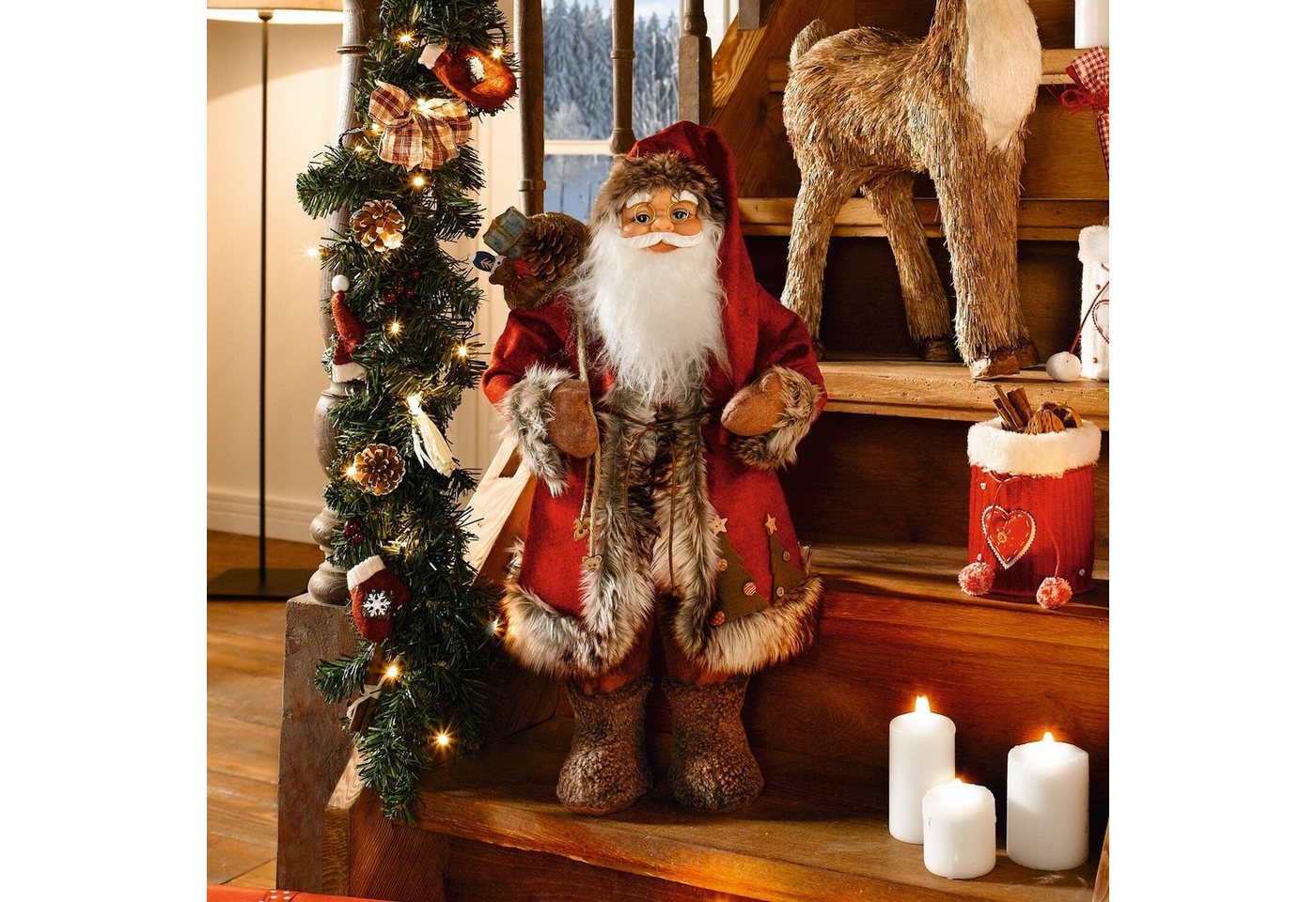 Dekoleidenschaft Weihnachtsmann Dekofigur Nikolaus", 60 cm hoch, große Weihnachtsmannfigur aus Textil, Kunstfell & Filz, Santa Claus Figur mit Geschenke-Sack" von Dekoleidenschaft
