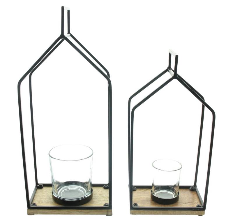 Dekoleidenschaft Windlicht „Haus“ aus Mango Holz & Metall, schwarz, Laterne, Kerzenständer (2 St., im Set), 29 + 37 cm hoch, Kerzenhalter mit Kerzengläser von Dekoleidenschaft