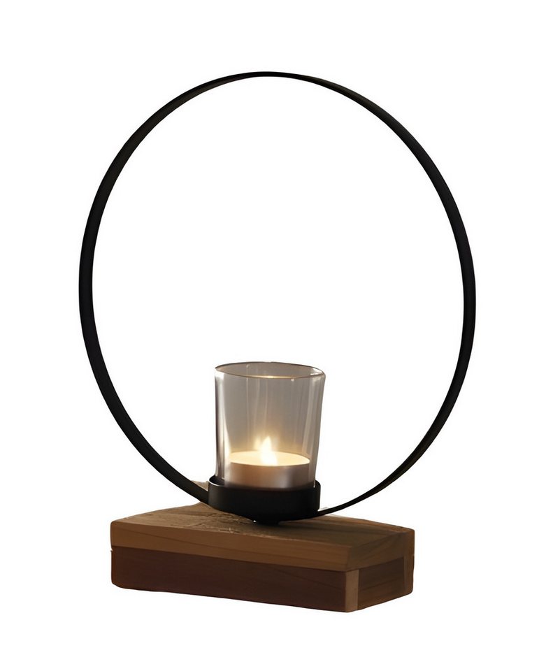 Dekoleidenschaft Windlicht "Ringe" aus Metall schwarz mit Sockel aus recyceltem Holz für 1 oder 3, Teelichter, Teelichtglas, Teelichthalter, Windlichtglas, Kerzenhalter von Dekoleidenschaft