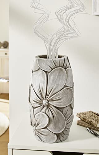 Dekovase Blüten in grau mit Antik Finish, 32 cm hoch, Vase für Trockenblumen, Tischvase, Blumenvase von Dekoleidenschaft