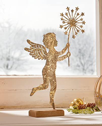 Dekoleidenschaft Engel Sternblume aus Metall, Gold patiniert, 30 cm hoch, Dekofigur im Antik Look, Weihnachts-Dekoration, Tischdeko, Fensterdkeo von Dekoleidenschaft