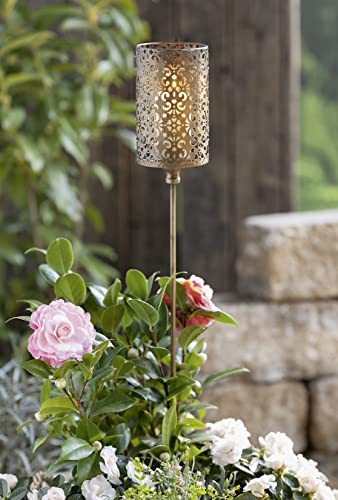 Gartenstecker Ornament aus Metall in Gold-braun mit Windlicht-Glas, 100 cm hoch, Dekostecker mit dezentem Antik-Look, Kerzenhalter, Garten-Deko für Draußen von Dekoleidenschaft