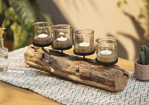 Kerzenhalter Rustikal aus verwittertem Holz, 49 cm lang, Kerzenleiste mit 4 Windlichtgläsern, Kerzenboard von Dekoleidenschaft