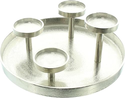 Kerzenhalter Tablett aus Aluminium in Antik Optik, Silber, Adventskranz Ø 32 cm, Kerzentablett für 4 Stumpen-Kerzen, Tischdeko für Wohnzimmer-Tisch oder Esstisch von Dekoleidenschaft