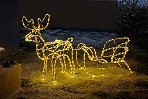 LED Deko Rentier mit Schlitten 177 cm lang, Weihnachtsbeleuchtung für Draussen, Weihnachtsdeko mit Lichterkette, Gartendeko mit Lichtschlauch von Dekoleidenschaft