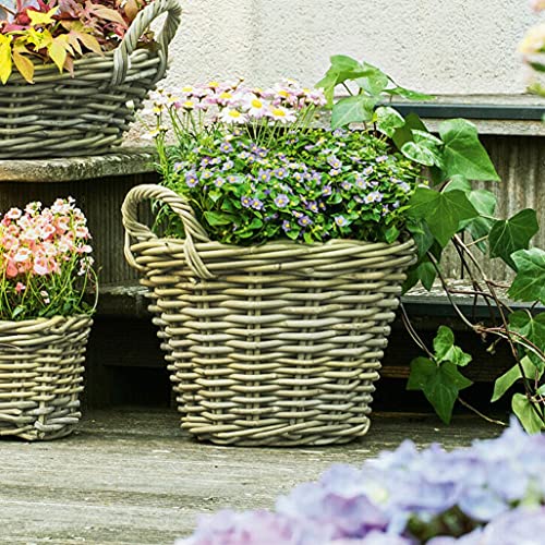 Dekoleidenschaft Pflanzkorb Rustikal Ø 35x25 cm groß, aus Rattan, rund, grau, Blumentopf, Pflanzkübel, Pflanztopf für Draußen, Blumenkübel von Dekoleidenschaft