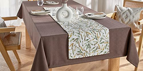Tischläufer Blätter Creme mit grünen & braunen Blättern, 40x140 cm, Mitteldecke aus Baumwolle & Polyester von Dekoleidenschaft
