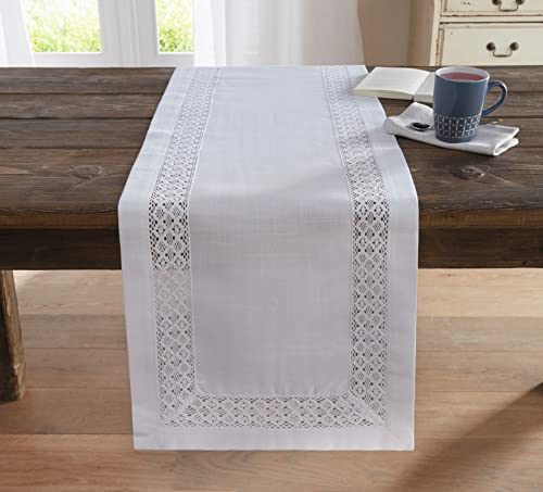 Tischläufer Häkelborte weiß, 40x140 cm, mit Häkelbordüre, Mitteldecke von Dekoleidenschaft