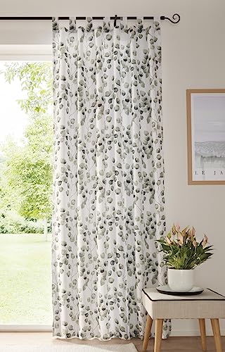 Vorhang Blätterschmuck in weiß mit Blätter-Motiv in grau, transparent, Schlaufenschal, Dekoschal, Gardine von Dekoleidenschaft