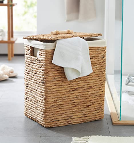 Wäschekorb aus Wasserhyazinthe mit Deckel, 34x26x45 cm, Wäschesammler mit Textileinlage aus Baumwolle in creme, Wäschetruhe von Dekoleidenschaft
