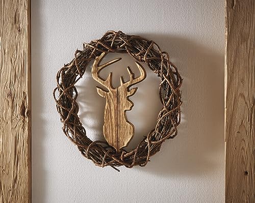 Dekoleidenschaft Wandkranz Hirsch aus Reisig & Holz, Ø 38 cm, Wanddeko, Türkranz, Türschmuck, Hängedeko von Dekoleidenschaft
