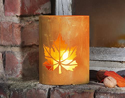 Dekoleidenschaft Windlicht Herbstlaub mit ausgestanztem Blatt-Motiv, 16 cm hoch, Kerzenhalter aus Metall in Rost-Optik, Kerzenständer mit Glas-Windlicht, Wohnzimmer, Balkon & Garten-Deko für Draußen von Dekoleidenschaft