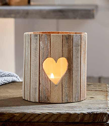 Dekoleidenschaft Windlicht Herz aus weiß gekalktem Holz mit Glas-Einsatz, Kerzen-Halter, Teelicht-Ständer, Tischdeko, Windlicht-Glas von Dekoleidenschaft