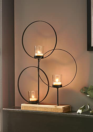 Windlicht Ringe aus Metall, schwarz, mit Sockel aus recyceltem Holz, 3 Teelichtgläser, Teelichthalter, Windlicht-Glas, Deko-Objekt modern Windlicht Ringe aus Metall, schwarz, mit Sockel aus recyceltem Holz, 3 Teelichtgläser, Teelichthalter, Windlicht-Glas, Deko-Objekt modern von Dekoleidenschaft