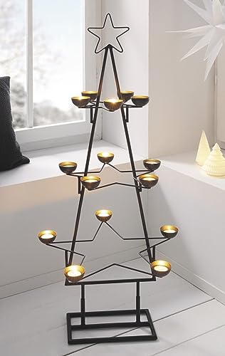 XXL Teelichthalter Tanne aus Metall, matt schwarz/Gold, 102 cm hoch, große Weihnachtsdeko mit 3 Etagen von Dekoleidenschaft