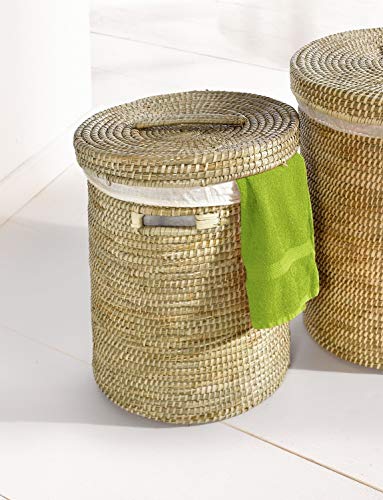 Dekoleidenschaft kleiner Wäschekorb aus Seegras, Ø 40 x 50 cm, mit Deckel und Textileinlage, Wäschesammler, Wäschetonne, Schmutzwäsche-Behälter von Dekoleidenschaft