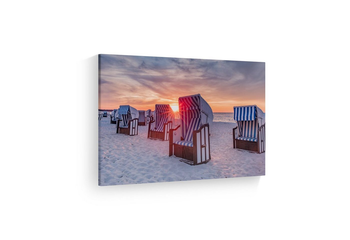 WallSpirit Leinwandbild Strandkörbe im Sonnenuntergang" - 120x70cm - XXL Wandbild, Leinwandbild geeignet für alle Wohnbereiche" von WallSpirit