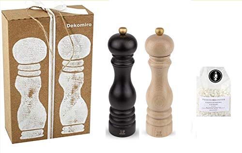 Dekomiro Peugeot Paris Pfeffermühle Schoko + Salzmühle Natur 22 cm im Set mit 100 gr. Salz Geschenkverpackung von Dekomiro