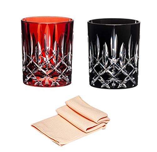 Dekomiro Riedel Laudon Tumbler Whiskey Glas Set rot und schwarz Set mit Glasreinigungstuch von Dekomiro