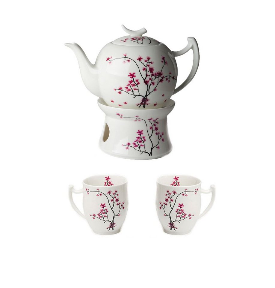 Dekomiro Teeservice TeaLogic Cherry Blossom 1 Tekanne 2L / 2 Bechern / Stövchen (5-tlg), 2 Personen, Fine Bone China Porzellan, Teesevice mit Teekanne 2 Liter Inhalt Stövchen und 2 Teebecher von Dekomiro