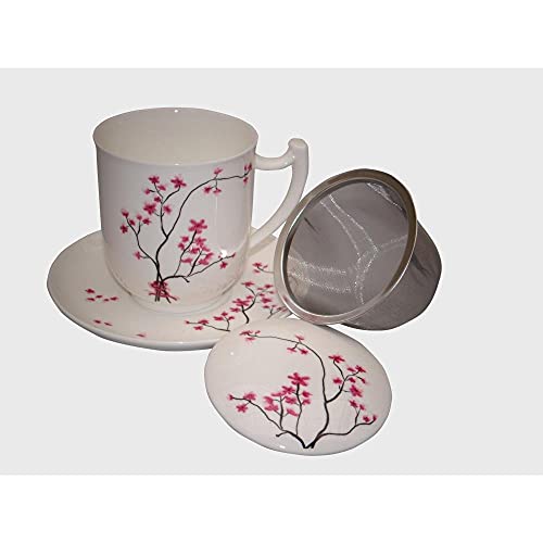 TeaLogic Cherry Blossom 2er Set Teetasse mit Edelstahlfilter, Untertasse und Deckel von Dekomiro