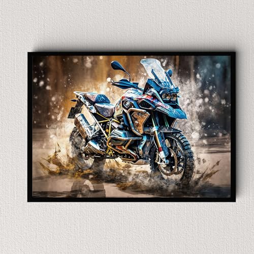 Dekomundo BMW R 1250 GS Motorrad Poster, Leinwandbild oder Bild mit Rahmen, 50x70 cm, Schwarzer Rahmen von Dekomundo