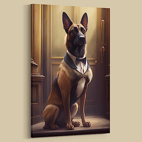 Dekomundo Bilder Hunde Dinner elegant gekleidet als Leinwandbilder Wandbilder Hunderassen A-Z, Belgischer Schäferhund Malinois, 50x75 cm von Dekomundo