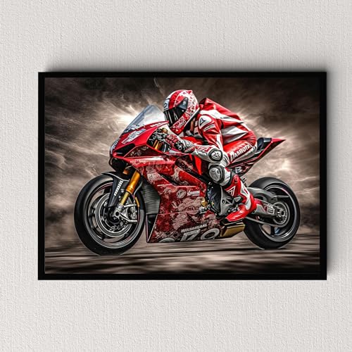 Dekomundo Ducati V4 Motorrad Poster, Leinwandbild oder Bild mit Rahmen, 50x70 cm, Schwarzer Rahmen von Dekomundo