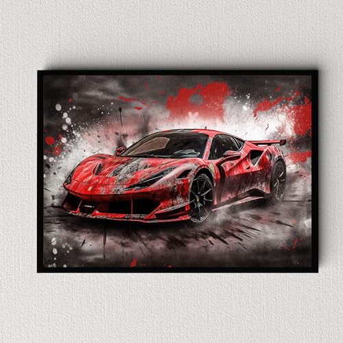 Dekomundo Ferrari F8 Tributo Auto Poster, Leinwandbild oder Bild mit Rahmen, 40x50 cm, Schwarzer Rahmen von Dekomundo