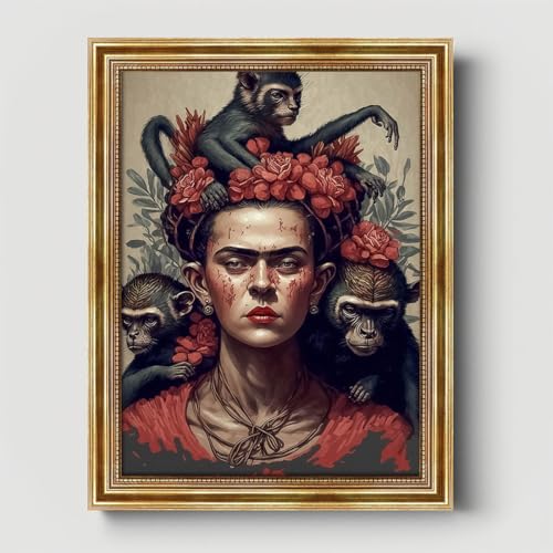 Dekomundo F. Kahlo mit Blumen und Affen Porträt Kunstdruck Leinwandbild mit Rahmen, 40x50 cm von Dekomundo