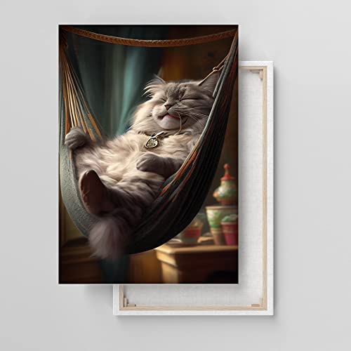 Dekomundo Lustige Katze in der Hängematte Leinwandbild oder Fotoposter Wohnzimmer Schlafzimmer Kinderzimmer, 40x60 cm, Leinwandbild von Dekomundo