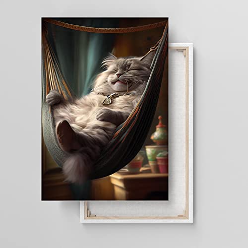 Dekomundo Lustige Katze in der Hängematte Leinwandbild oder Fotoposter Wohnzimmer Schlafzimmer Kinderzimmer, 50x75 cm, Leinwandbild von Dekomundo