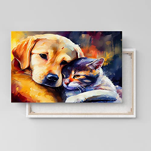 Labrador Hund und Katze Beste Freunde Leinwandbild oder Fotoposter Wohnzimmer Schlafzimmer Kinderzimmer, 50x75 cm, Leinwandbild von Dekomundo