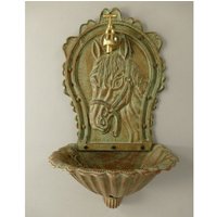 Grüne Patina, Rustikaler Gusseisen-Wandbrunnen Mit Messing-Wasserhahn, Pferdekopfbrunnen-Metallwandwaschbecken, Terrasse Und Wandverzierung Im Freien von DekorStyle
