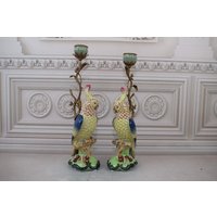 Grünes Paar Kerzenständer Papageien Porzellan Mit Bronze Ornamenten - Regency Boho Dekor Grüne Statuen Wohndeko von DekorStyle