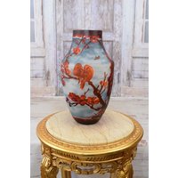 Limitierte Blumenvase - Glasvase Vogel Design Emile Galle Stil Blaue Und Rote Farben Geschenkidee Wohndeko von DekorStyle
