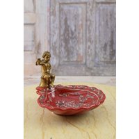 Rote Seifenschale Aus Porzellan - Vintage Plateau Mit Bronze Engel Jugendstil Blumen Ornamente Geschenk von DekorStyle