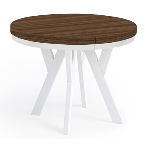 Dekori Möbel Runder ausziehbarer Esstisch Pero Franklin Nuss, mit einem Ring-Gestell, Durchmesser Varianten von 90 cm bis 220 cm (Franklin Nuss/Weiß, 90/190 cm) von Dekori Möbel
