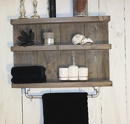 Dekorie Badregal aus Holz - Farbe: Braun - Maße (HxBxT): 55 cm x 79 cm x 12 cm - Vintage Badezimmer Regal für die Wand inklusive Aufhängung für Handtücher von Dekorie