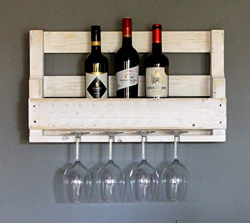 Dekorie Hochwertiges Weinregal aus Holz für die Wand - mit Gläserhalter - Weiß - fertig montiert - Regal für Weinflaschen und Weingläser von Dekorie