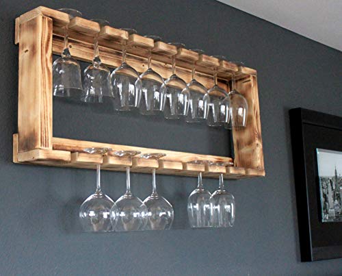Dekorie Weinglasregal aus massivem Holz - Farbe: Geflammt - Maße (HxBxT): 36 cm x 90 cm x 12 cm - Vintage Weinglas- & Sektglasregal passend zum Weinregal von Dekorie