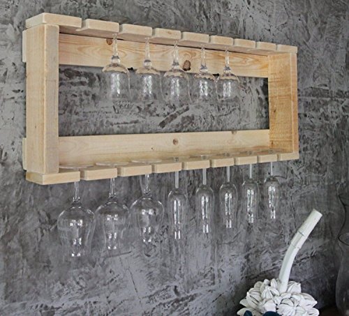 Dekorie Weinglasregal aus massivem Holz - Farbe: Natur - Maße (HxBxT): 36 cm x 90 cm x 12 cm - Vintage Weinglas- & Sektglasregal passend zum Weinregal von Dekorie