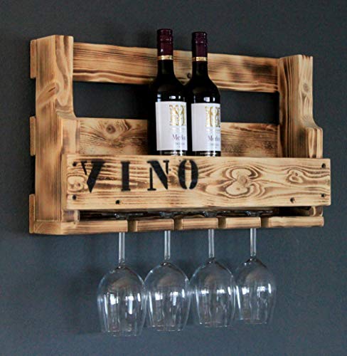 Dekorie Weinregal aus Holz für die Wand - mit Gläserhalter und VINO Schriftzug - Geflammt - fertig montiert - Regal für Weinflaschen und Weingläser von Dekorie