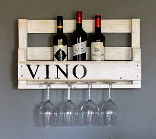 Dekorie Weinregal aus Holz für die Wand - mit Gläserhalter und VINO Schriftzug - Weiß - fertig montiert - Regal für Weinflaschen und Weingläser von Dekorie