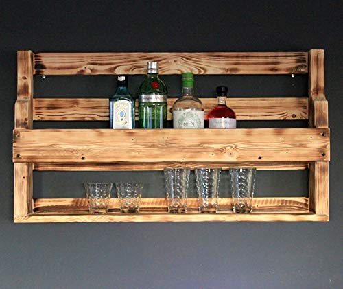 Dekorie Whisky Regal aus Holz mit Gläserhalter Geflammt Industrie Stil fertig montiert Wandbar fürs Esszimmer 90 x 50 x 15 cm von Dekorie