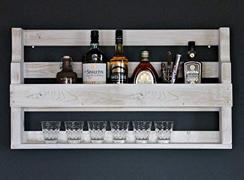 Dekorie Whisky Regal aus Holz - mit Gläserhalter - Weiß - Industrie Stil - fertig montiert - Wandbar - Whisky-Regal aus Holz fürs Esszimmer 90 x 35 x 15 cm von Dekorie