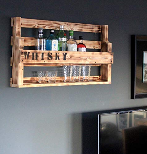 Dekorie Whisky Regal aus Holz - mit Gläserhalter und Whisky Schriftzug - Geflammt - Industrie Stil - fertig montiert - Wandbar fürs Esszimmer 90 x 50 x 15 cm von Dekorie