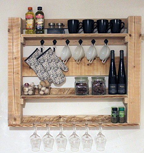 Küchenregal aus massivem Holz - Farbe: Natur - Maße (HxBxT): 80 cm x 95 cm x 12 cm - Vintage Wandregal für Gewürze, Gläser und Tassen von Dekorie
