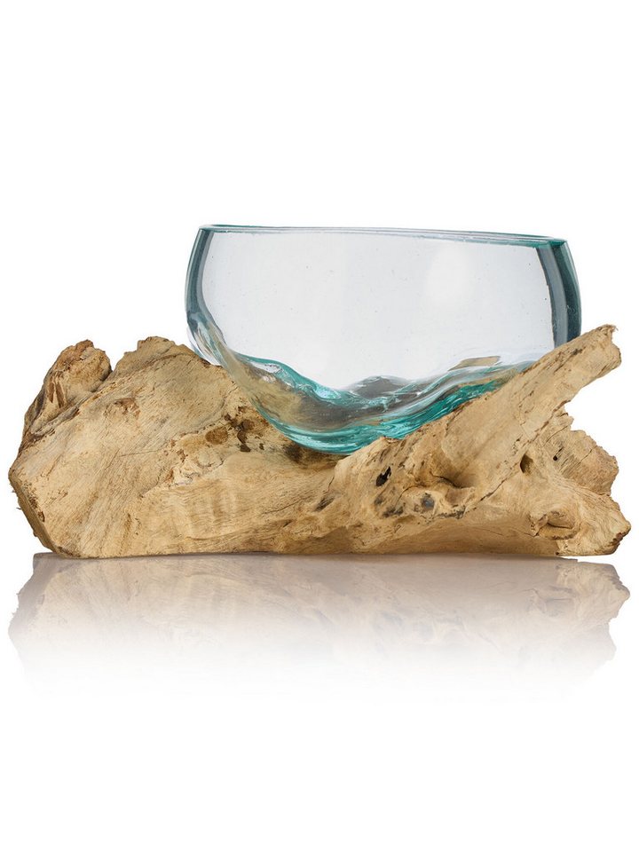 Dekorieren macht glücklich Dekoobjekt Teakholz mit Glasschale, Ø: ca. 16 cm (4er-Set), Handgefertigtes Unikat – meisterliche Qualität, für In- & Outdoor von Dekorieren macht glücklich